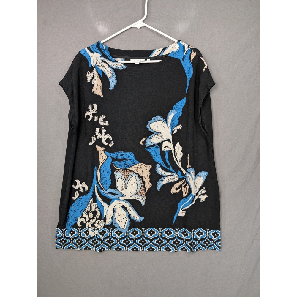 Chicos Floral Border Print Knit Top Black Blue XL 3 570372258